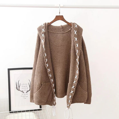 Hooded Tie Cardigan Sweater for Women