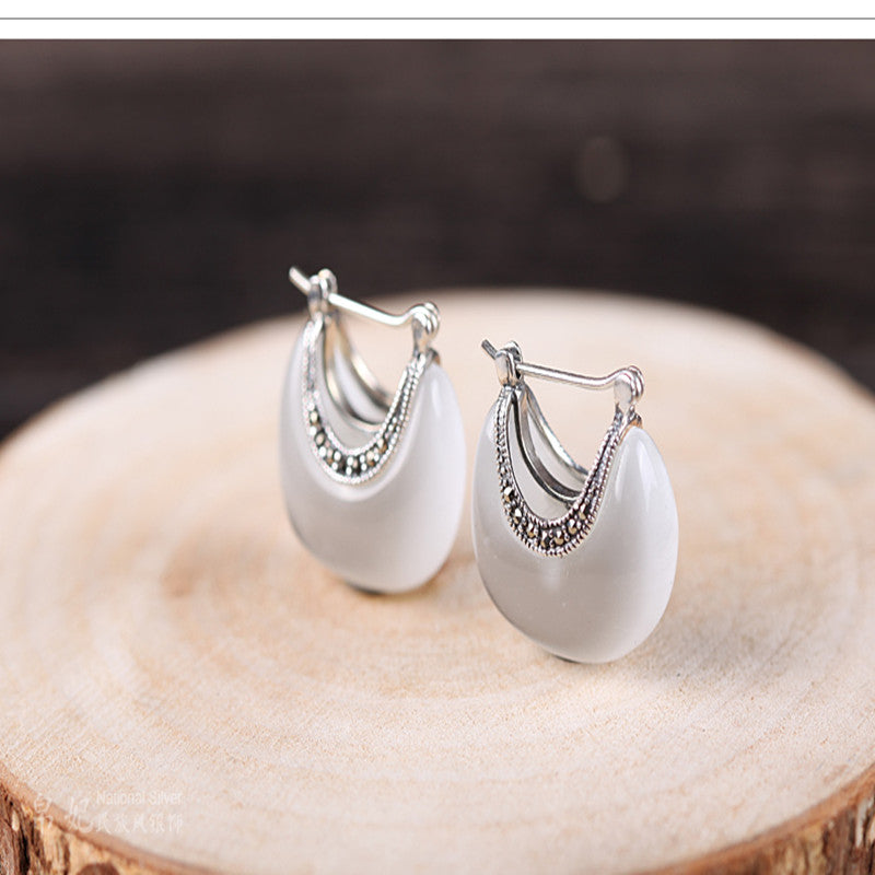 925 Silver Vintage Cat Eye Stone Earrings (Genuine)