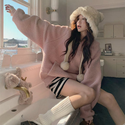 Thickened Hooded Lamb Wool Sweater for Women