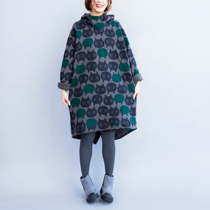 Long Thick Hooded Printed Sweater for Women