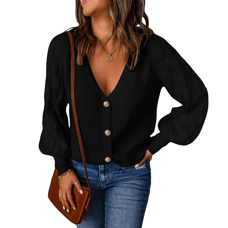 Solid Color Rhombus Puff Sleeve Knit Sweater Coat