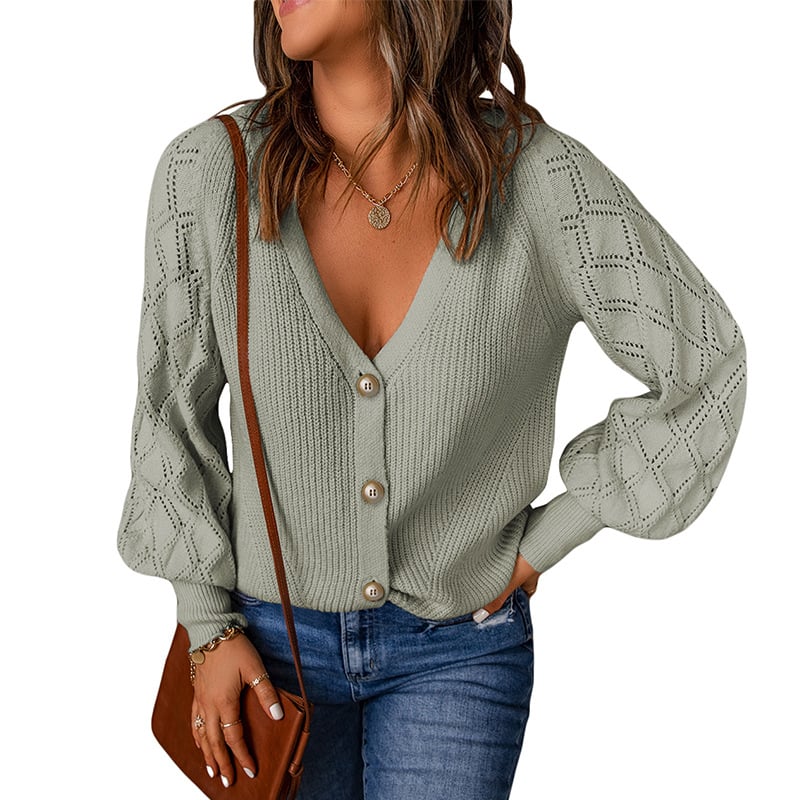 Solid Color Rhombus Puff Sleeve Knit Sweater Coat