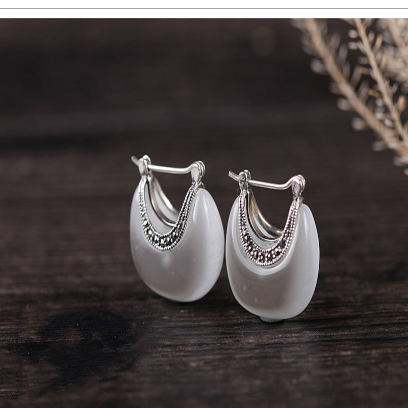 925 Silver Vintage Cat Eye Stone Earrings (Genuine)