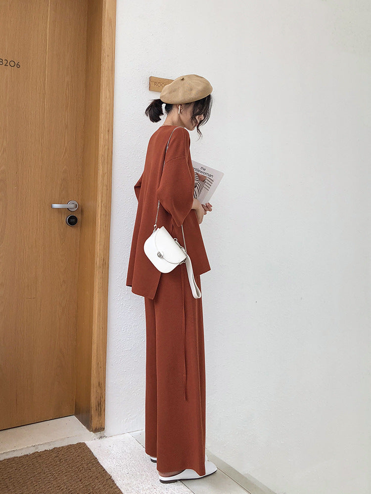 Women's Knit Set with Loose Sweater and Wide Leg Pants