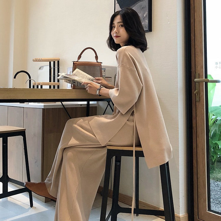 Women's Knit Set with Loose Sweater and Wide Leg Pants