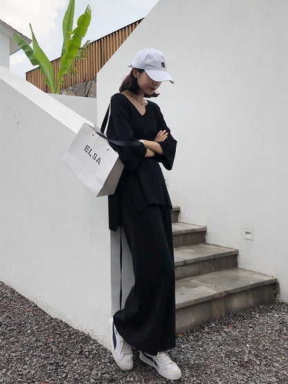 Women's Knit Set with Loose Sweater and Wide Leg Pants