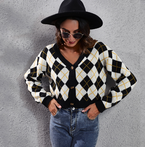 Retro Diamond Knit Cardigan Sweater for Women