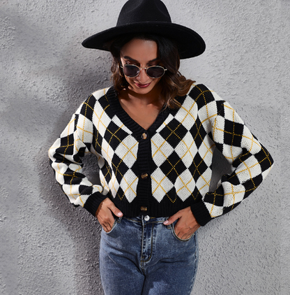 Retro Diamond Knit Cardigan Sweater for Women
