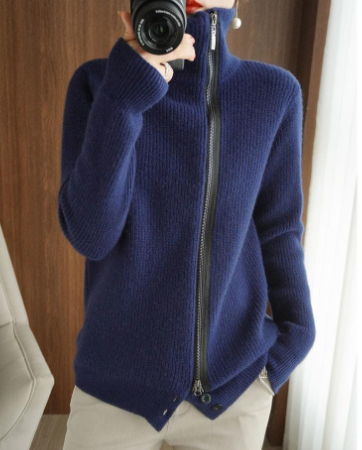 Thick Knit Cardigan with Zipper and Long Sleeves
