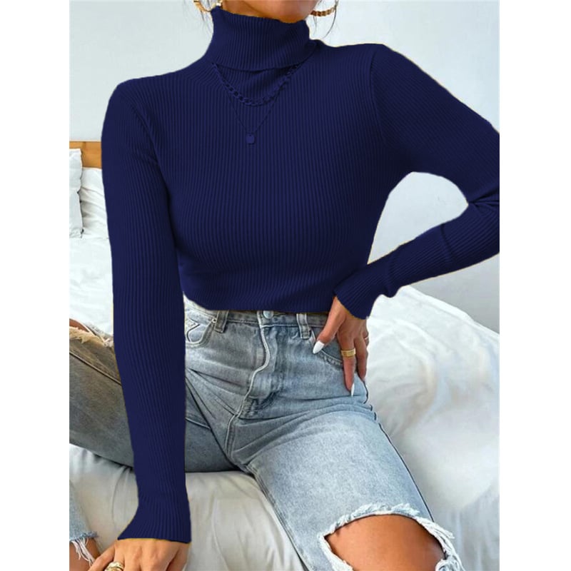 High Neck Knitted Pullover Sweater for Women